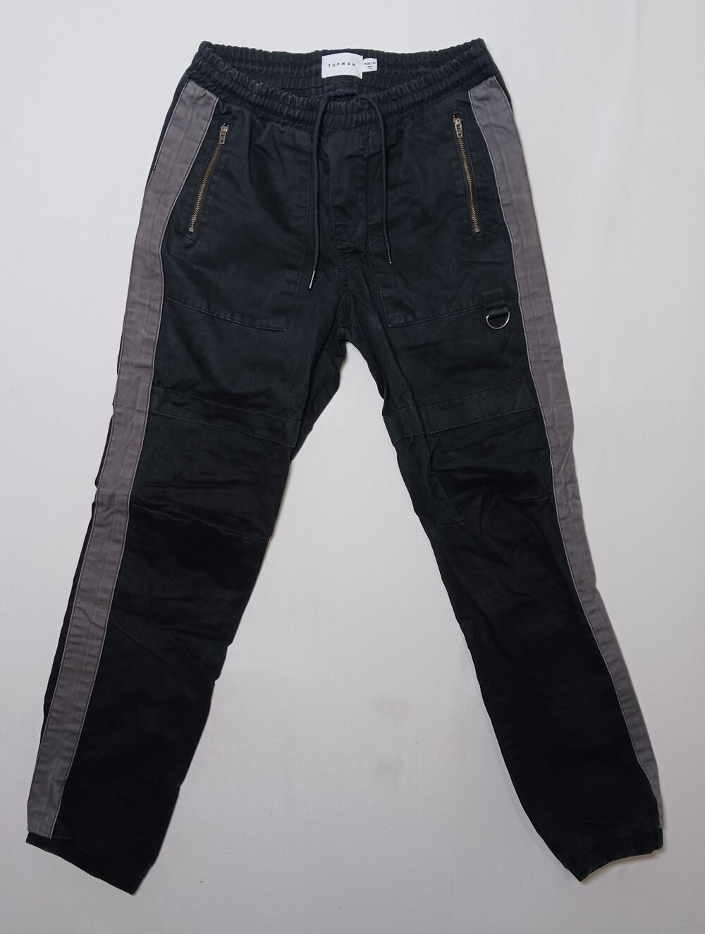 Topman Mens Straight Cut And Sew Canvas Joggers 30X32 Black Gray Zip Pockets